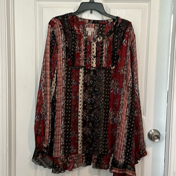 LOGO by Lori Goldstein Printed Button-Front Satin Blouse - Picture 1 of 11